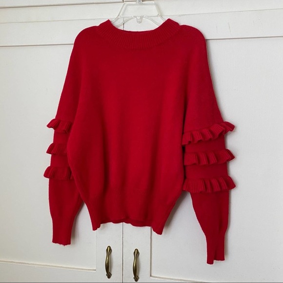 Line & Dot Ruffle Sleeve Crewneck Red Sweater Small - Picture 3 of 6